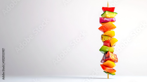 Grilled salmon and vegetable brochette standing on white background