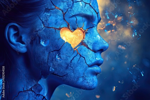 A Woman's Face with Cracked Skin and a Heart-Shaped Eye