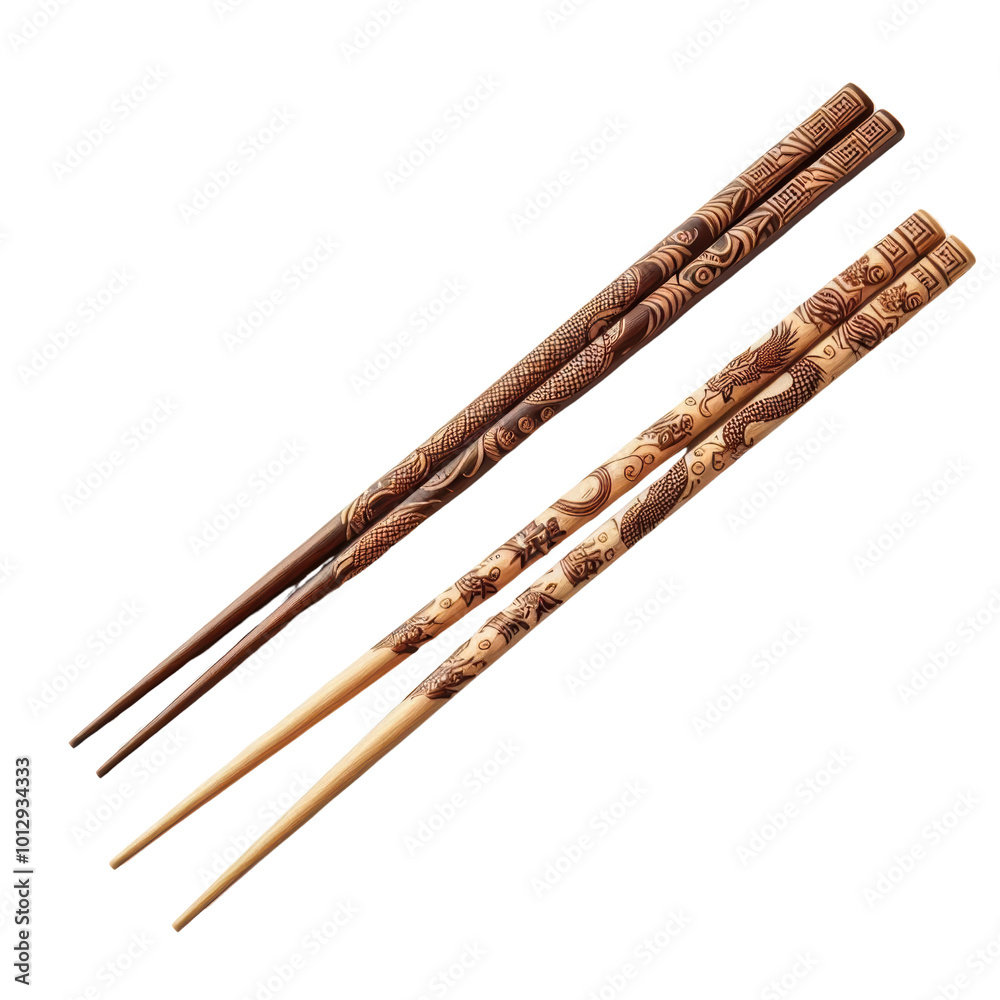 Pair of intricately carved wooden chopsticks with dragon design Pair of intricately carved wooden chopsticks with dragon design