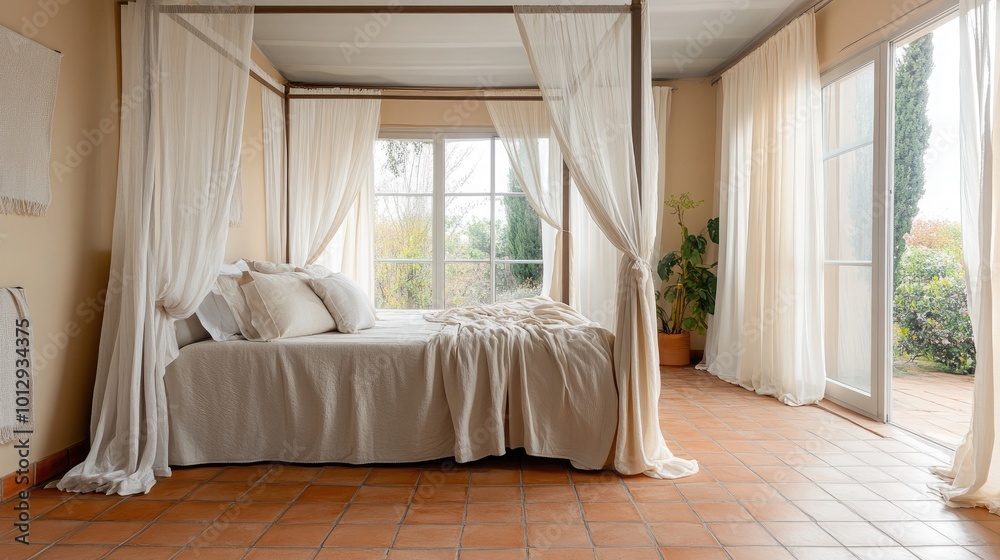 A serene bedroom with a four-poster canopy bed draped in light fabric A serene bedroom with a four-poster canopy bed draped in light fabric