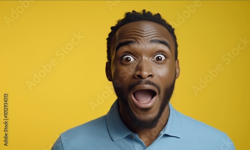 Man with a blue shirt and a beard is looking at the camera with his mouth open. handsome man with a beard, wearing a blue polo shirt, is surprised, isolated on a yellow background with copy space.