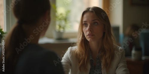 a young female counselor empathetically listening to a student in a warm, inviting office setting photo