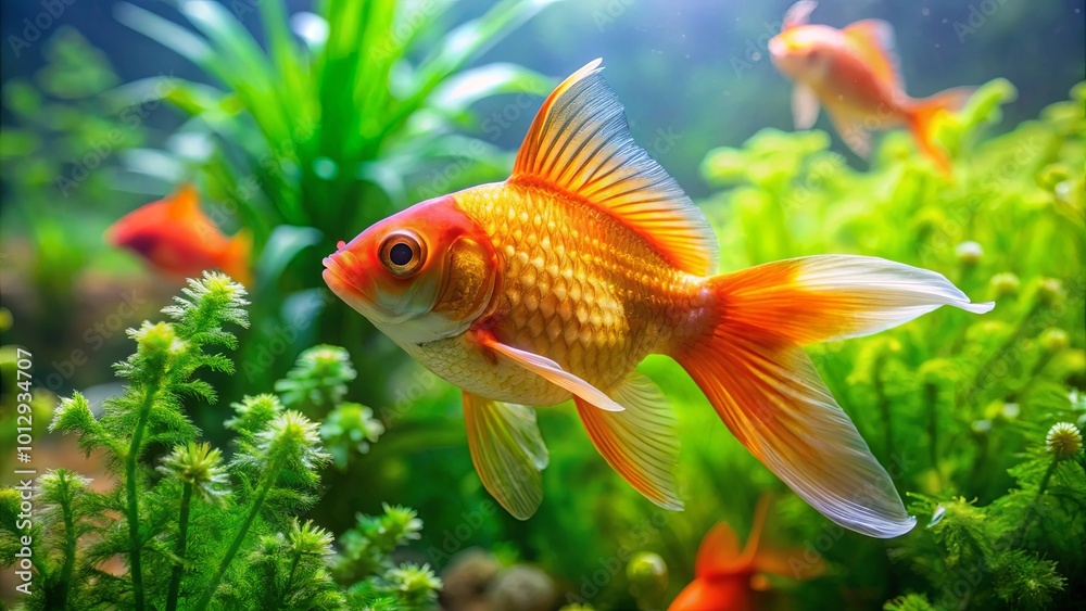 Serenity of a Goldfish Swimming in a Lush Aquarium Serenity of a Goldfish Swimming in a Lush Aquarium