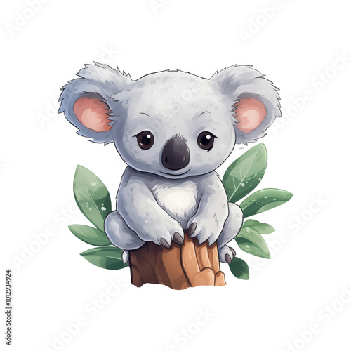 Grey koala are sitting on branches with green leaves. Suitable for nature blogs, wildlife articles, Australian themed designs, and educational materials. Generative AI photo