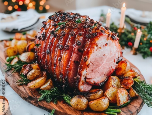 Honey Baked Ham with Roasted Potatoes and Asparagus on Wood Cutting Board