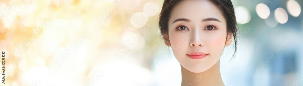 Portrait of Asian woman with flawless skin and a serene expression, captured against a natural landscape background Portrait of Asian woman with flawless skin and a serene expression, captured against a natural landscape background