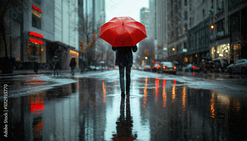 Capture individuals walking with umbrellas in the rain, using puddles and wet streets for reflections and mood