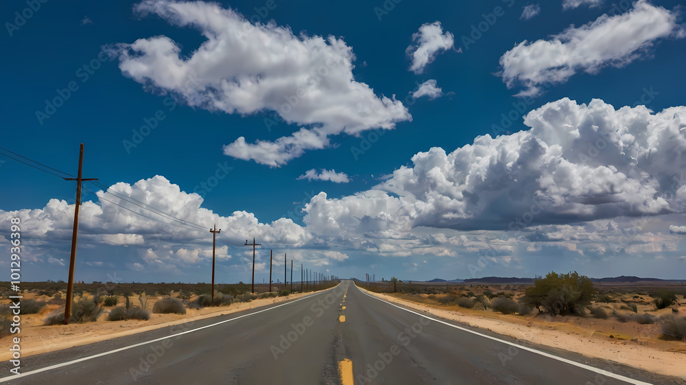 Fototapeta premium Vast empty road in summer with sunburst in bright blue sky overhead; Northern region, Iceland