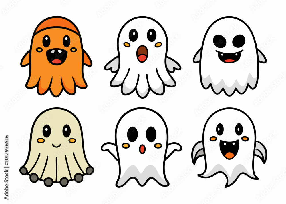 Obraz premium Expressive Cartoon Ghosts' Set of Cartoon Ghosts' Doodle Ghouls Collection' Vibrant Cartoon Ghosts Set' Fun Cartoon Ghosts Doodles, Doodle Ghouls with Emoticons & Fun Faces!