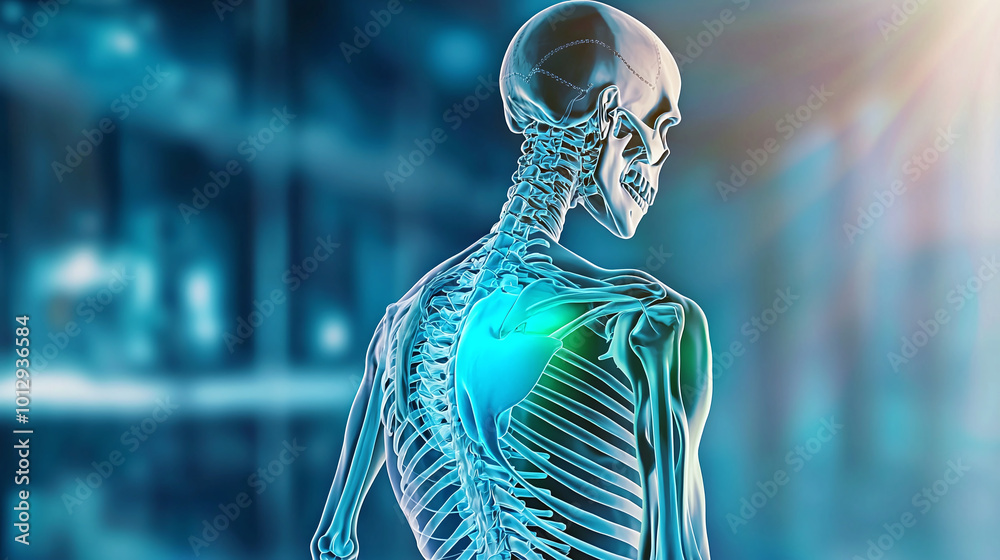 a skeleton with the back area emphasized in blue and green, illustrating the location of pain a skeleton with the back area emphasized in blue and green, illustrating the location of pain