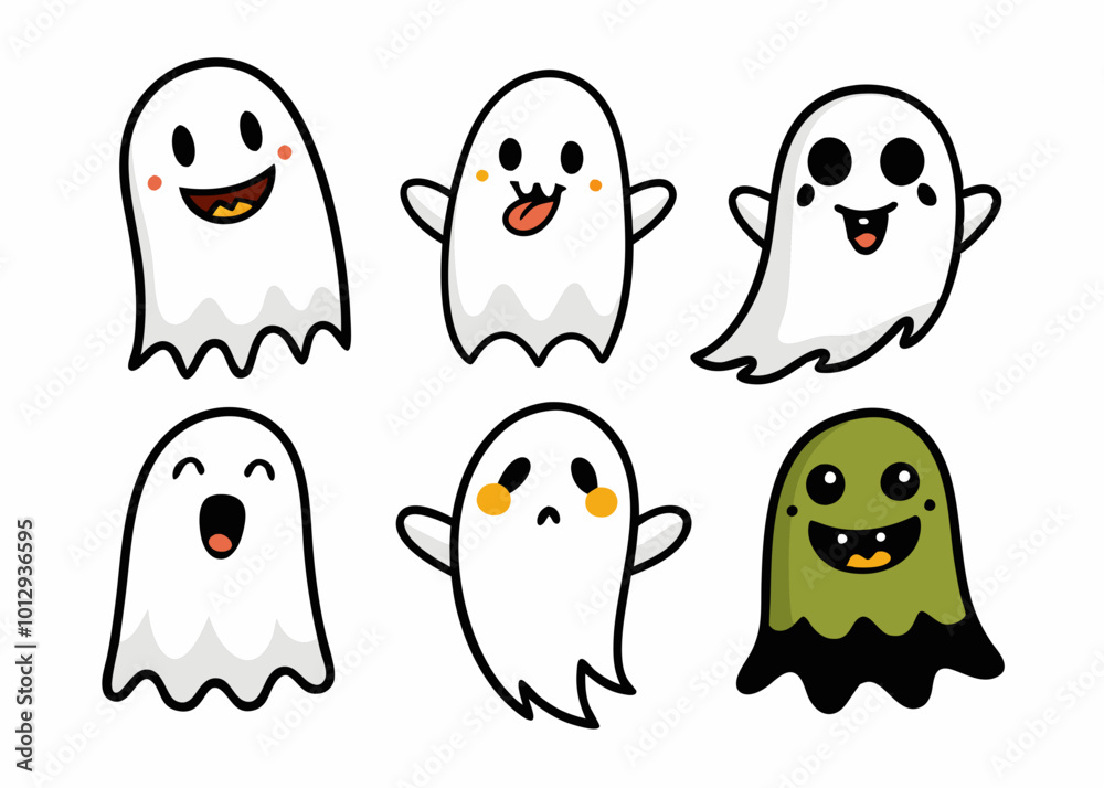 Obraz premium Expressive Cartoon Ghosts' Set of Cartoon Ghosts' Doodle Ghouls Collection' Vibrant Cartoon Ghosts Set' Fun Cartoon Ghosts Doodles, Doodle Ghouls with Emoticons & Fun Faces!