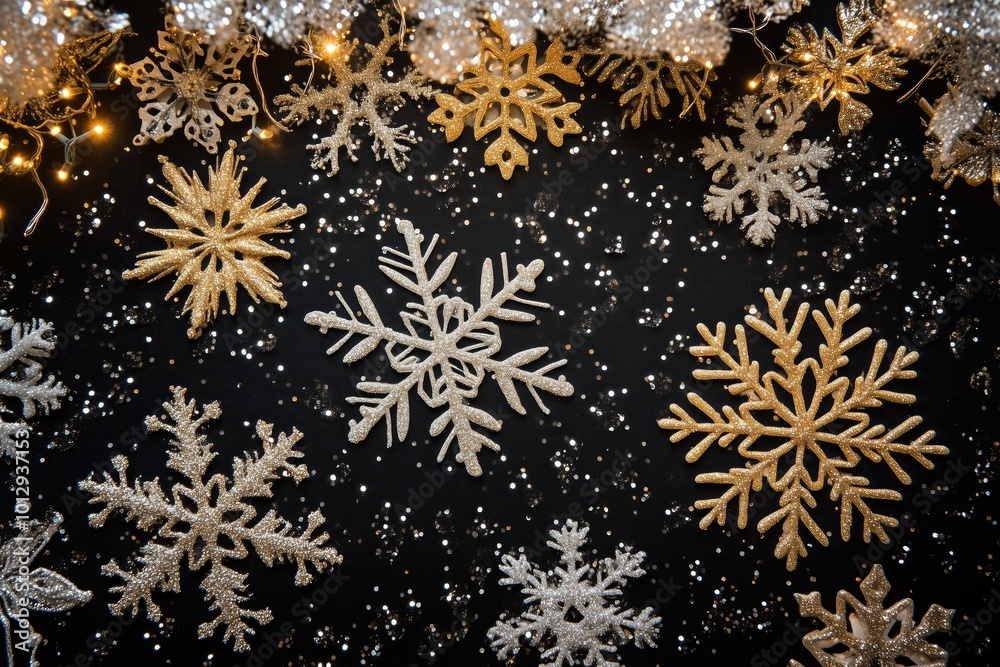Snowflake Elegance on Glossy Black Christmas Background Snowflake Elegance on Glossy Black Christmas Background