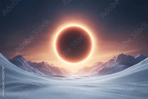 A breathtaking view of a solar eclipse above a snowy landscape, with mountains silhouetted against a vibrant twilight sky.