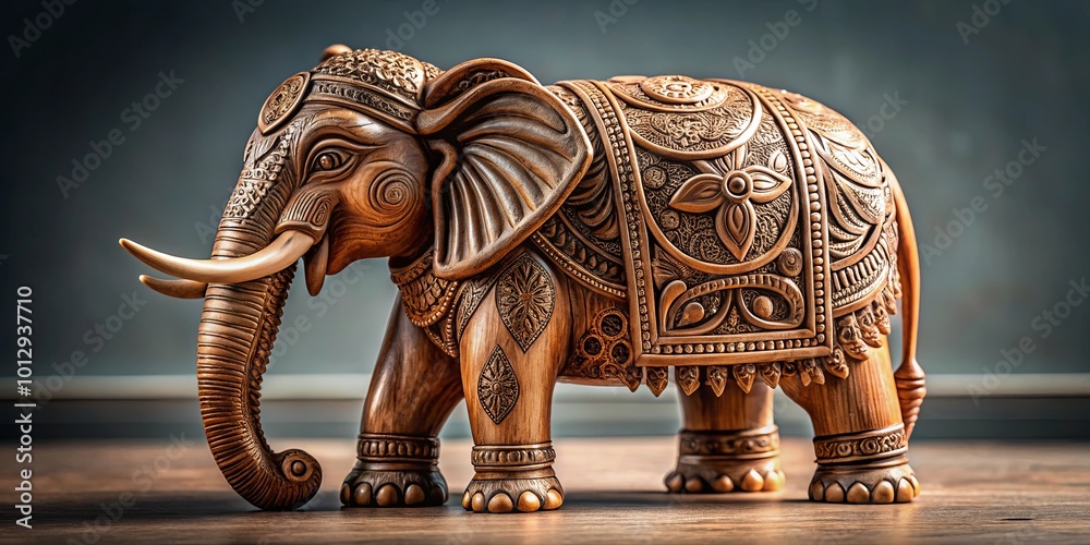 Intricately Carved Wooden Elephant Figurine, A Symbol of Strength, Wisdom, and Good Luck, Standing Proudly on a Polished Wooden Surface Intricately Carved Wooden Elephant Figurine, A Symbol of Strength, Wisdom, and Good Luck, Standing Proudly on a Polished Wooden Surface
