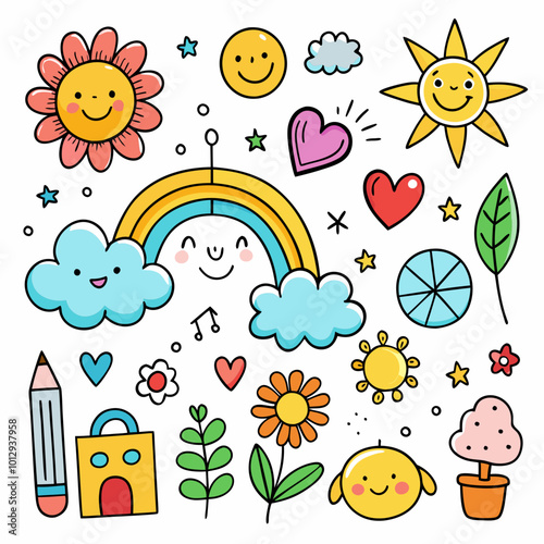 Whimsical Rainbow Kids' Cute Cartoon Art' Vibrant Rainbow Kids' Delightful Cartoon Illustrations' Charming Cartoon Illustrations of Rainbow Kids and Colorful Pencils