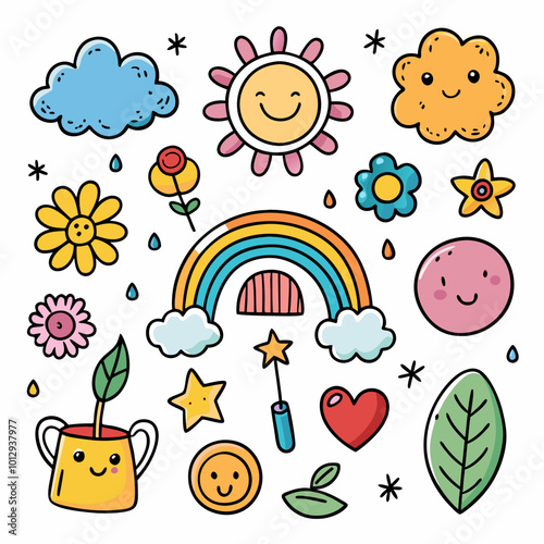 Whimsical Rainbow Kids' Cute Cartoon Art' Vibrant Rainbow Kids' Delightful Cartoon Illustrations' Charming Cartoon Illustrations of Rainbow Kids and Colorful Pencils