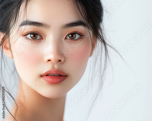 Closeup of Asian woman with flawless skin, soft natural lighting, serene expression, minimalist background, emphasizing beauty and purity