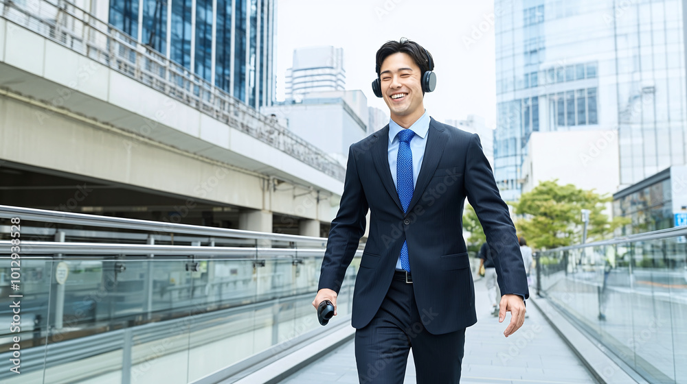 a smiling Japanese professional crossing a modern pedestrian bridge, engrossed in music from his wireless headset a smiling Japanese professional crossing a modern pedestrian bridge, engrossed in music from his wireless headset