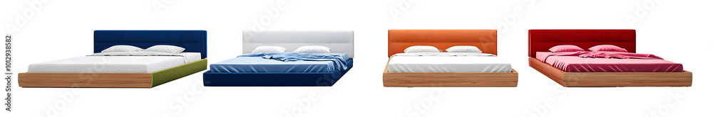 Collection set of six modern minimalist double beds isolated on transparent background. Collection set of six modern minimalist double beds isolated on transparent background.