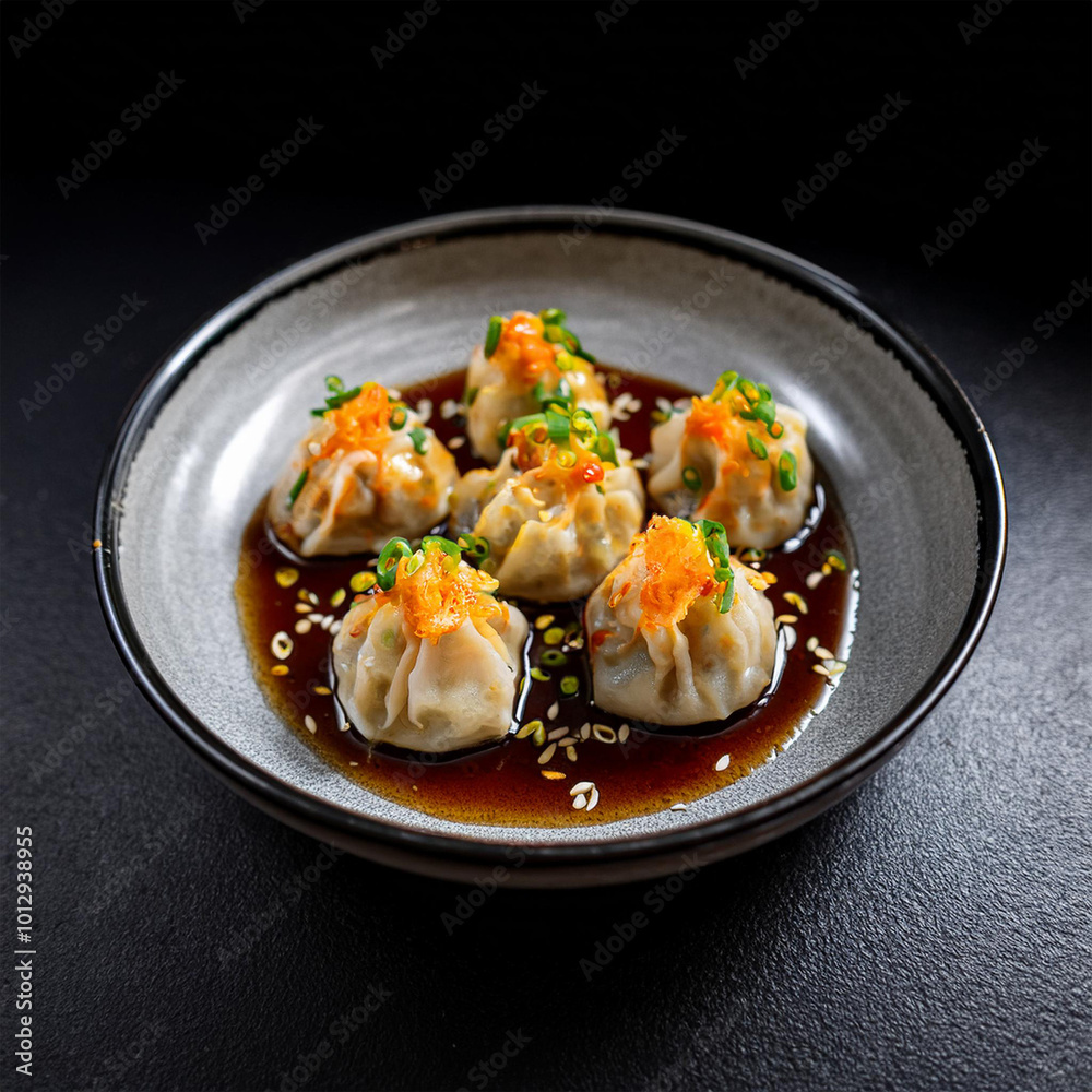 Delicious Asian Dumplings on Dark Plate Delicious Asian Dumplings on Dark Plate