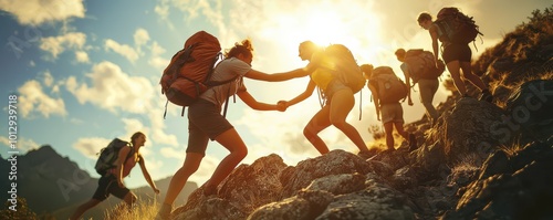 Group of friends helping each other climb rocky mountain at sunset, showcasing teamwork and adventure in nature