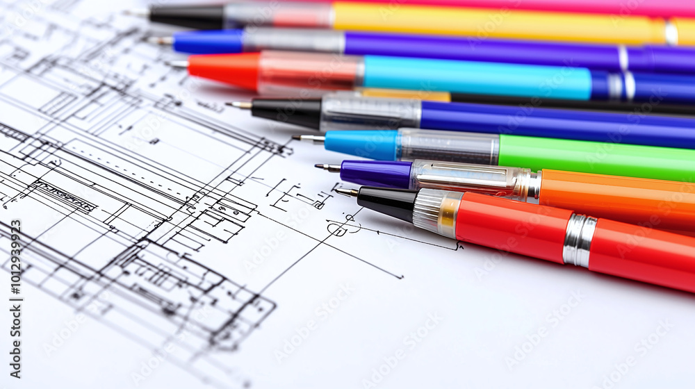 a set of colorful drawing pens fanned out across the corner of a large-scale engineering blueprint a set of colorful drawing pens fanned out across the corner of a large-scale engineering blueprint