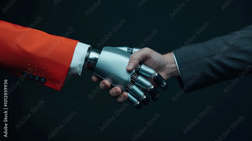 human hand shaking a robotic hand, representing collaboration and partnership between humans and artificial intelligence in technology. human hand shaking a robotic hand, representing collaboration and partnership between humans and artificial intelligence in technology.