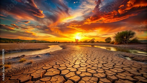 A Crackling Landscape Bathed in Fiery Hues, Where a Stream Winds Through a Sun-Drenched Desert