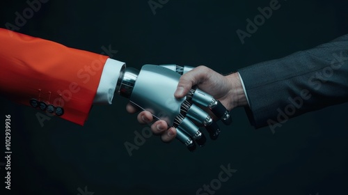 human hand shaking a robotic hand, representing collaboration and partnership between humans and artificial intelligence in technology.