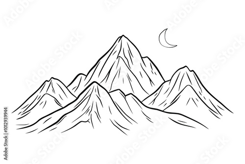 A simple line drawing of mountains with a crescent moon in the sky.