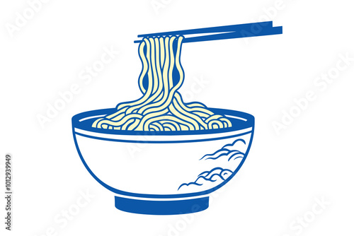 A bowl of noodles with chopsticks lifting a strand from the top.
