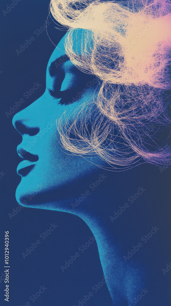 A woman with her eyes closed, her hair styled in a dramatic fashion with a blue and pink filter. A woman with her eyes closed, her hair styled in a dramatic fashion with a blue and pink filter.