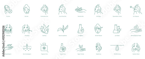 Dry, Oily, Combination Skin, Acne-Prone Skin, Sensitive Skin, Anti-Aging, Pigmentation Control, Sun Exposure, Cleansing, Smoothing, Soothing, Natural Ingredients, pH Balance vector icon set