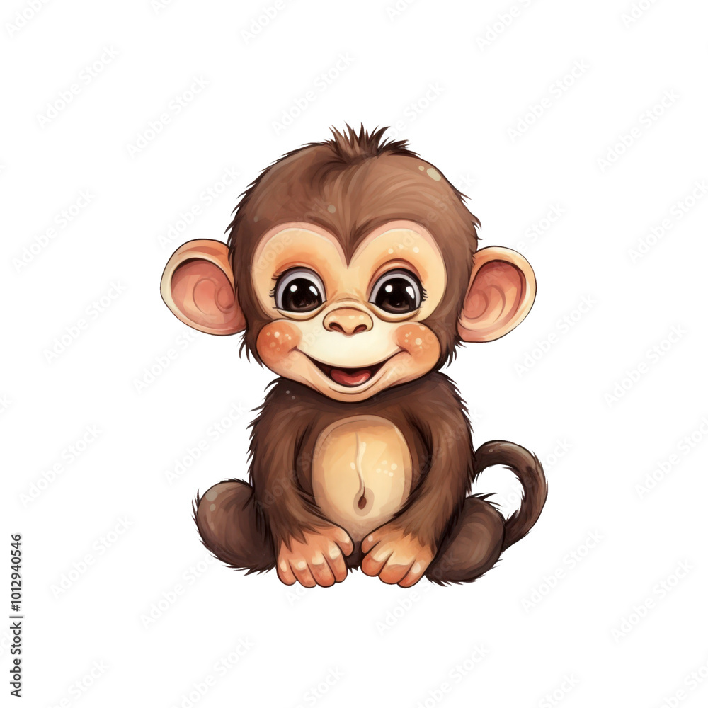 Brown monkey with large eyes and a curled tail, smiling happily. Suitable for animal themed designs, nature illustrations, and children's content. Generative AI Brown monkey with large eyes and a curled tail, smiling happily. Suitable for animal themed designs, nature illustrations, and children's content. Generative AI