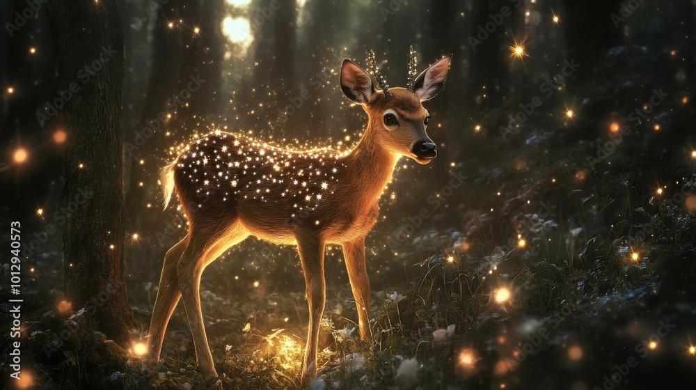 A young deer with a soft, glowing aura stands in a magical forest, surrounded by ethereal floating lights. The scene feels like a fairy tale, capturing the beauty of nature and a sense of enchantment A young deer with a soft, glowing aura stands in a magical forest, surrounded by ethereal floating lights. The scene feels like a fairy tale, capturing the beauty of nature and a sense of enchantment