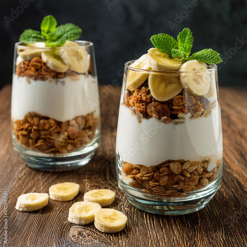 Delicious Banana Yogurt Parfaits on Table photo