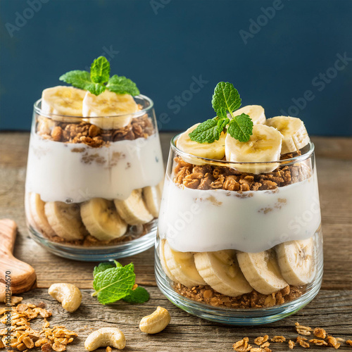 Delicious Banana Yogurt Parfaits on Table photo