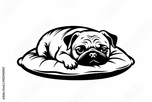 Cute pug dog sleeping on the pillow image vector, illustration, icon, isolated on white background.