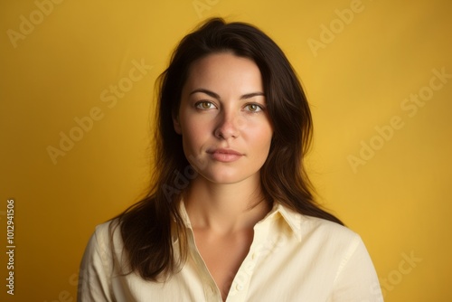 Portrait of a beautiful young brunette woman on a yellow background