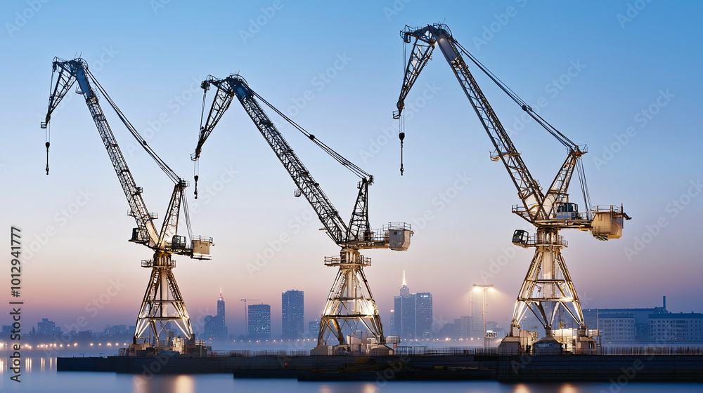 a group of tower cranes illuminated by the soft glow of dawn, with the city skyline emerging from morning mist in the background a group of tower cranes illuminated by the soft glow of dawn, with the city skyline emerging from morning mist in the background