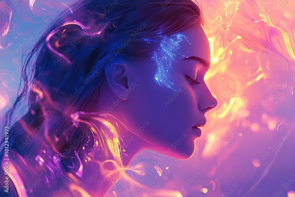 Woman's Face Surrounded by Neon-Colored Liquid with a Glowing Pattern Woman's Face Surrounded by Neon-Colored Liquid with a Glowing Pattern