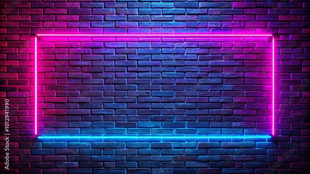 custom made wallpaper toronto digitalA vibrant neon outline, formed by a pink and blue glow, creates a rectangular frame against the backdrop of a weathered brick wall.