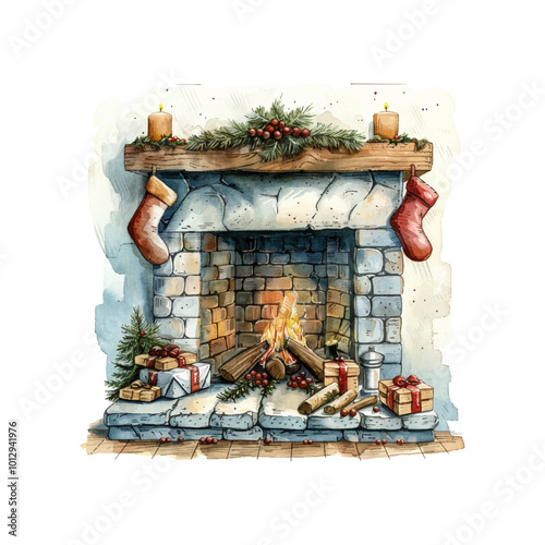 christmas decorated fireplace vector illustration in watercolor style