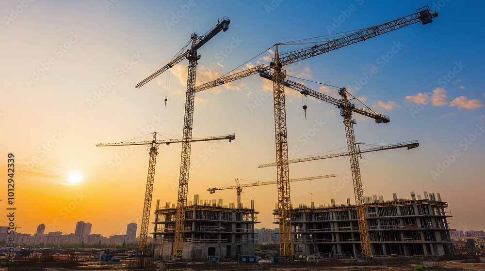 multiple tower cranes at work on a large construction site, backlit by a stunning sunset that casts long shadows across the unfinished structures multiple tower cranes at work on a large construction site, backlit by a stunning sunset that casts long shadows across the unfinished structures