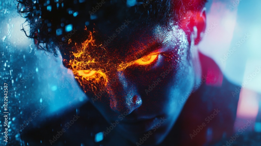 A striking image of a man with glowing fiery eyes, his face illuminated by molten textures and an intense expression. The dynamic lighting and vivid colors create a powerful visual impact.. AI A striking image of a man with glowing fiery eyes, his face illuminated by molten textures and an intense expression. The dynamic lighting and vivid colors create a powerful visual impact.. AI