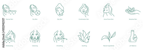 Normal, Dry, Oily Skin, Combination Skin, Acne-Prone Skin, Sensitive Skin, Moisturizing, Cleansing, Smoothing, Soothing, Natural Ingredients, pH Balance Icon Set