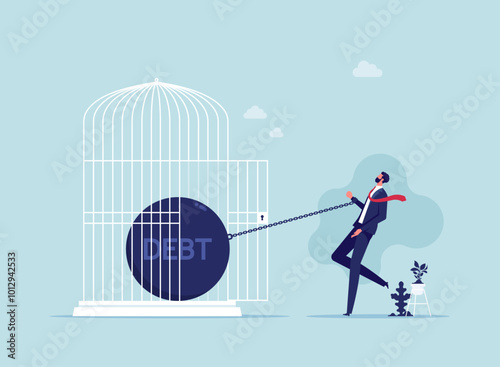 Businessman try breaks free from bank credit card-Crisis and bankruptcy. Breaking shackles of credits and loans. Financial freedom, mortgage concept