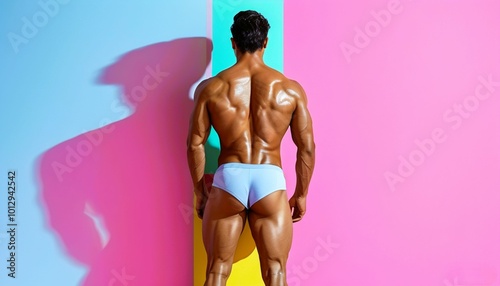 Fitness model stands with his back to show off his muscles, posing against a studio backdrop. photo