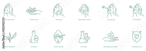 Acne-Prone Skin, Sensitive Skin, Anti-Aging, Pigmentation Control, Sun Exposure, UV Protection, Natural Ingredients, pH Balance, Wrinkle Reducer, Lab Tested, Dermatologically Tested, vector icons