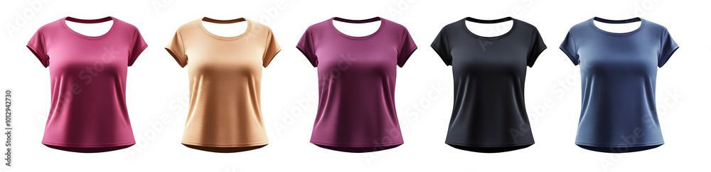 Set of ladies summer t-shirt tops mock-up in different colours isolated on transparent background. Set of ladies summer t-shirt tops mock-up in different colours isolated on transparent background.